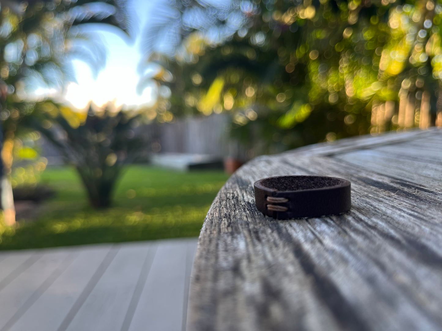 Close-up of a dark brown leather ring with greenery in the background